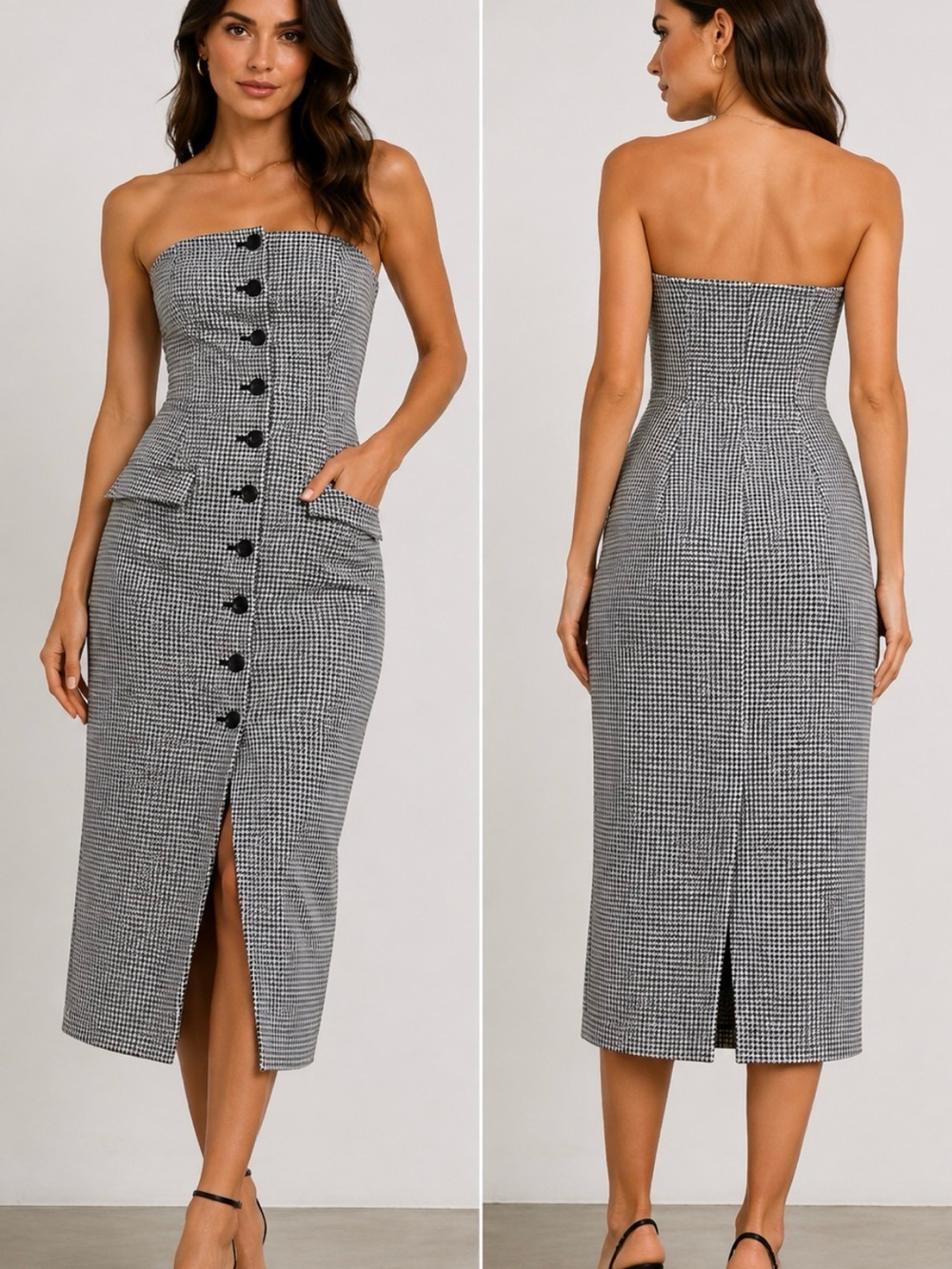 Favorite Daughter Houndstooth Strapless Button Front Midi Dress Size 10